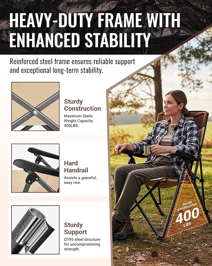 KingCamp Folding Camping Chair Adjustable 3-Position Reclining Outdoor High Back Camp Chair with Hard Armrests Heavy Duty Portable Chair Dual-Layer Padded Seat &amp Storage for Camping Lawn Back