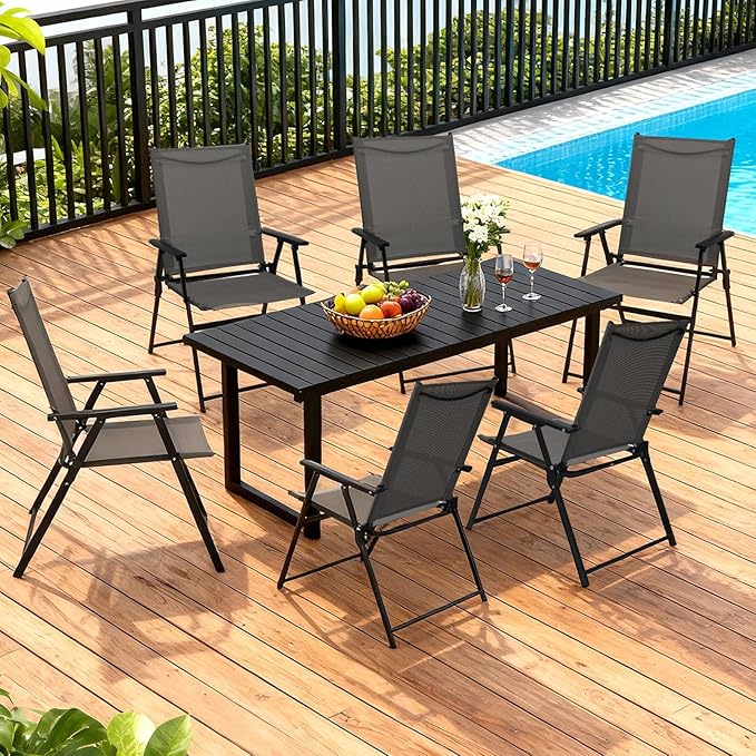 SHGJ&ampSOFT Set of 6 Folding Patio Chairs Outdoor Chair with Armrests for Lawn Garden Pool Beach Yard Lounge Metal Frame No Assembly Camping Chairs (Grey 6pc)