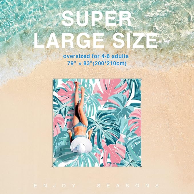 Beach Blanket Waterproof Sandproof Beach Mat Oversized 79 X 83 Inch for 4-6 Adults Lightweight Picnic Blanket Portable Picnic Mat for Outdoor Travel Camping Hiking with 4 Stakes &amp 4 Corner Pock