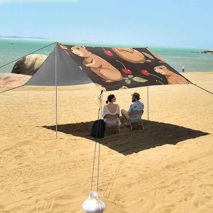 Capybaras and Cherry Camping Sun Shelter Beach Tent Portable Beach Sun Shade Outdoor Canopy for Camping Trips Fishing Picnic