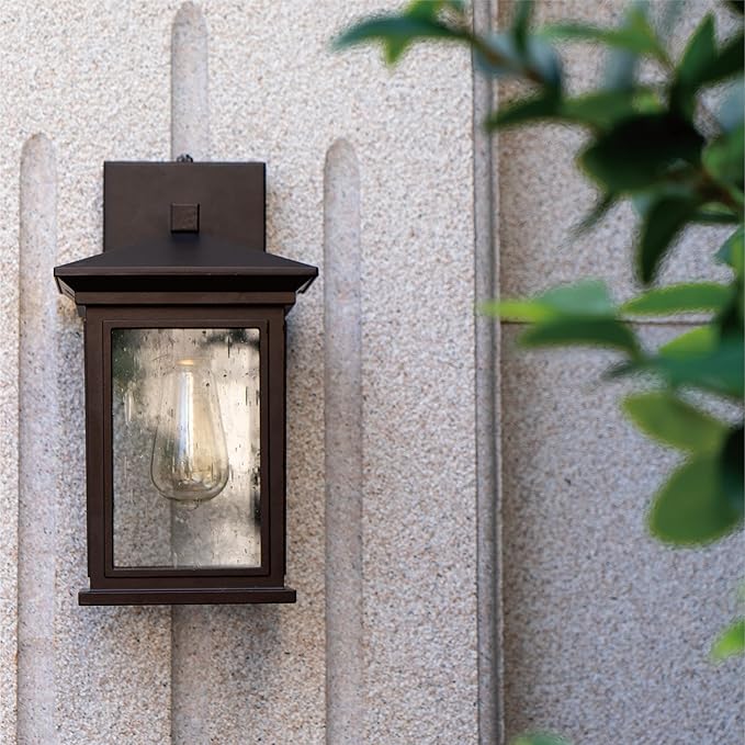 Dusk to Dawn Outdoor Wall Lantern Exterior Wall Sconce Fixture with Tempered Clear Seeded Glass Oil Rubbed Bronze (ORB) Finish for Outdoors (Medium Wall Mount - 2 Pack)