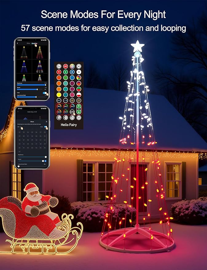 7ft Smart RGB Outside Christmas Tree Lights App Remote-Controlled C6 Shaped Christmas Light Cone Tree with Music Sync 57 Lighting Effects + DIY Mode Easy install Outdoor Xmas New Year Yard Decor