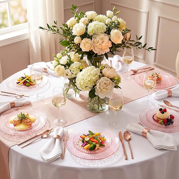 Rubtlamp 60PCS Pink Plastic Plates Disposable Pink Easter Plates with Hammered Design Heavy Duty Plastic Platos Fancy Party Platos Include 30 Dessert Plate &amp 30 Dinner Plate for Bridal Wedding
