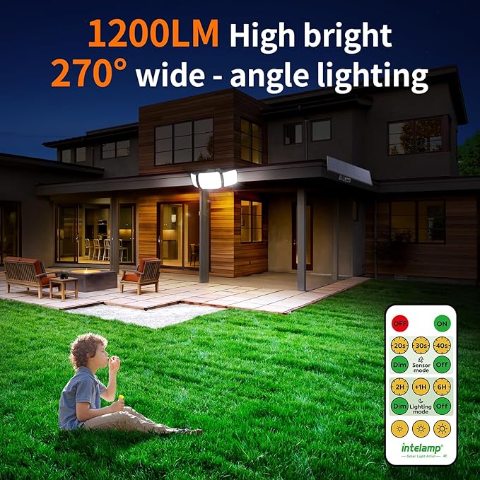 intelamp Solar Flood Lights Outdoor Waterproof 2 Pack 6000mAh 1200LM Solar Powered Dual Motion Sensor LED Lighting Dusk to Dawn Security Floodlight Exterior with Remote 9.8ft Cable for Garden House