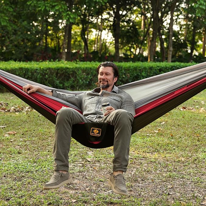 Camping Hammock Portable Hammocks with Mosquito NetLightweight Nylon Parachute Hammock with 10ft Tree StrapsCamping Gear Must Haves for Travel Hiking Backpacking Beach Patio-Black&ampRed