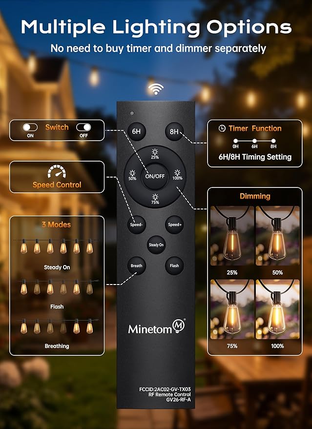 Minetom 100FT Outdoor-String-Lights with Remote 31+2 Shatterproof ST38 LED Bulbs Waterproof Patio Lights with 3 Modes Dimmable &amp Connectable 2700K Hanging Lights for Backyard Porch Deck Balcony