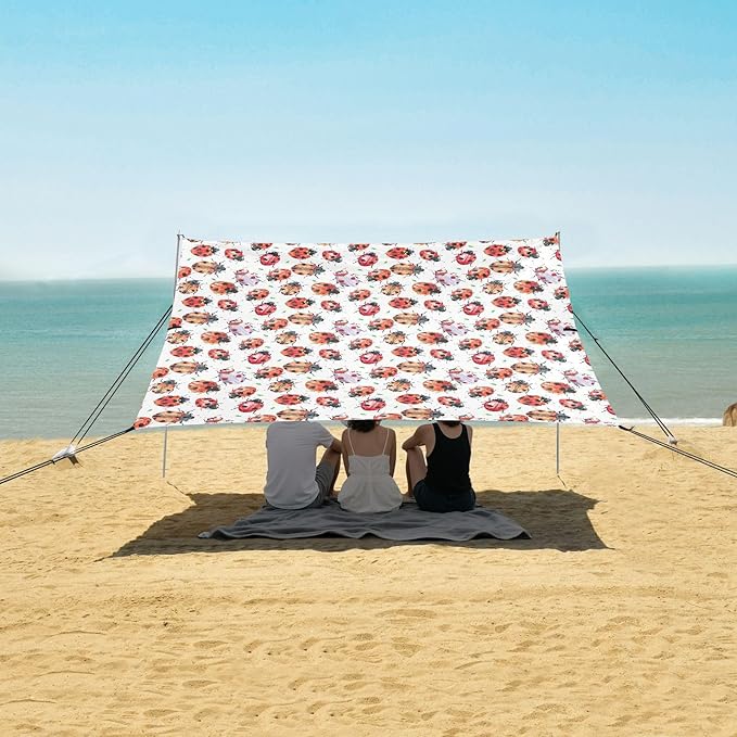 ALAZA Lady Bug Watercolor Beach Tent Sun Shelter UPF50+ Protection Beach Shade Canopy w/ 4 Sandbags for Outdoor Camping Fishing Backyard Fun Picnic 10x9 ft