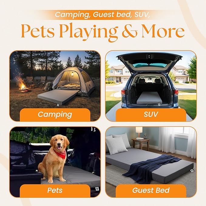 100% Pure Roll Up Memory Foam Camping Mattress with Waterproof Cover &amp Phone Pocket – Portable 3inch CertiPUR-US Sleeping Pad with Travel Bag for Camping Car Tent SUV Pets Guest Bed