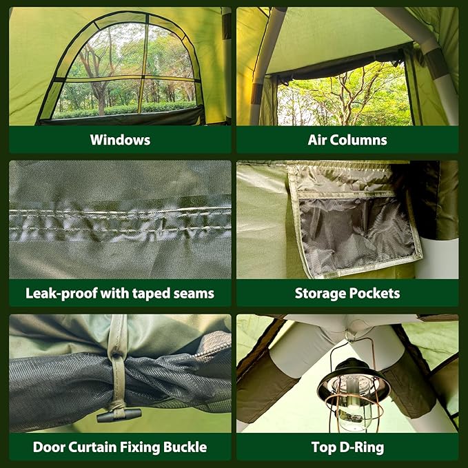 Inflatable Camping Tent with Hand Pump Waterproof Outdoor Blow up Tent 2-8 Person Oxford 4 Season Glamping Air Tent Cabin House with Mesh Windows &amp Door