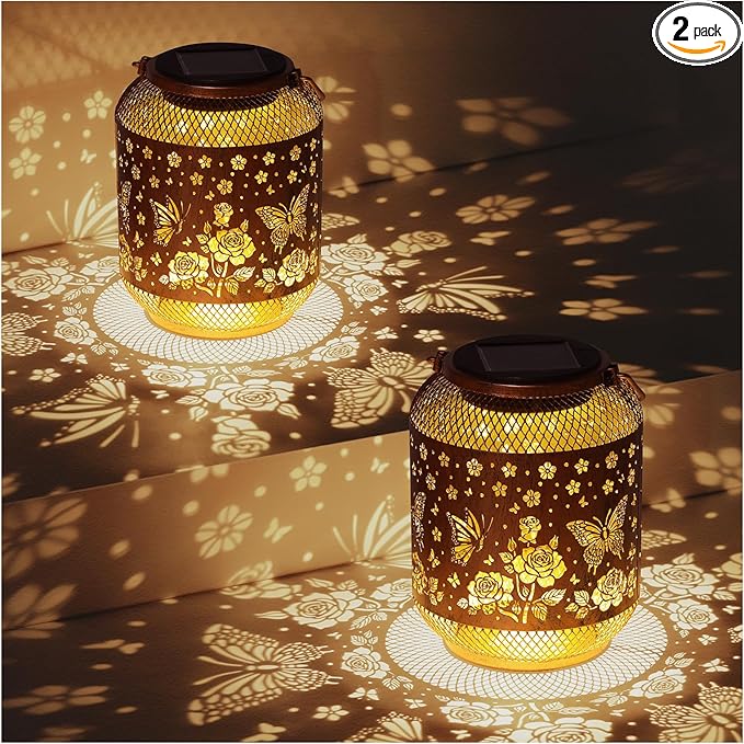 2 Pack Butterfly Solar Lanterns Outdoor Waterproof Rose Garden Decor Gifts for Mom Women Grandma Metal Hanging Solar Lights Outdoor Decoration for PatioYardPorchBackyard