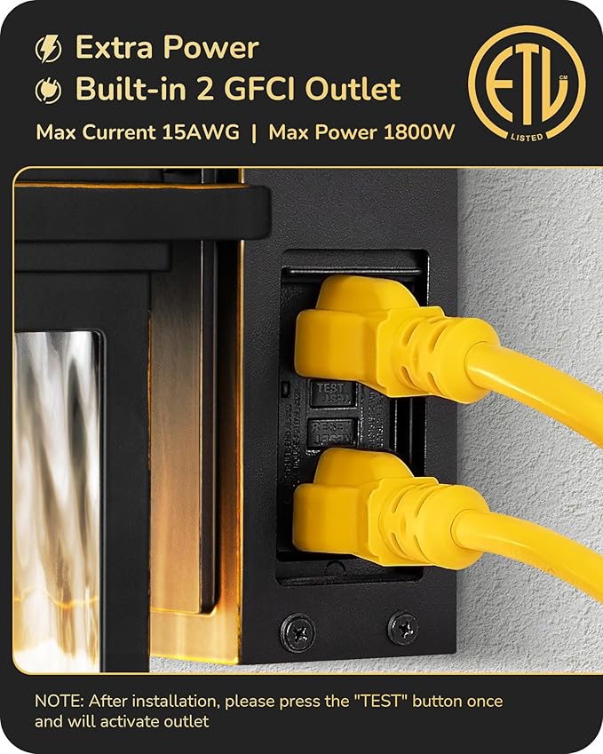 EDISHINE Outdoor Wall Light with GFCI Outlet Motion Sensor Exterior Lighting Fixture with Water Ripple Glass Waterproof Dusk to Dawn Outdoor Wall Sconce for Porch Front Door Garage Patio