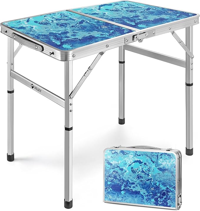 VILLEY Folding Camping Table 2FT Portable Small Picnic Table with Adjustable Height Lightweight Aluminum Foldable Table Small Folding Table with Carry Handle for Outdoor Indoor BBQ Hiking Beach