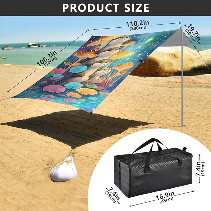 ALAZA Otter Rushroom Starry Beach Tent Sun Shelter UPF50+ Protection Beach Shade Canopy w/ 4 Sandbags for Outdoor Camping Fishing Backyard Fun Picnic 10x9 ft