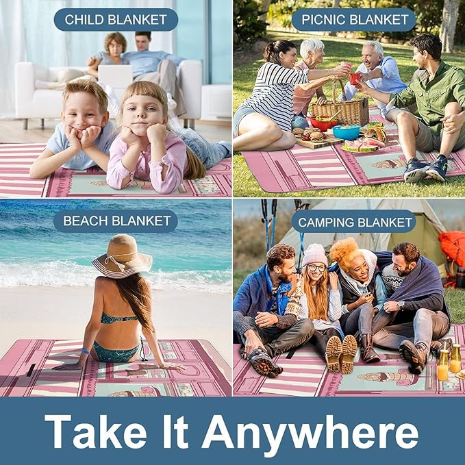 Ice Cream Store Pink Beach BlanketPortable Waterproof Picnic Blanket58.3''x 58.3'' Extra Large Picnic Mat for BeachCamping Grass Lawn Park Accessorie for Festival BBQ