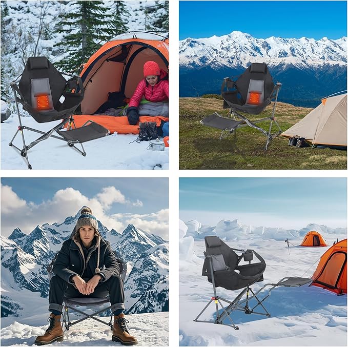 CDEN Heated Hammock Chair with Footrest Heated Camping Chair with Battery Swinging Chair Heavy Duty with Stand Cup Holder Side Bag Power Bank Included for Patio Camping Backyard (2 Pack)