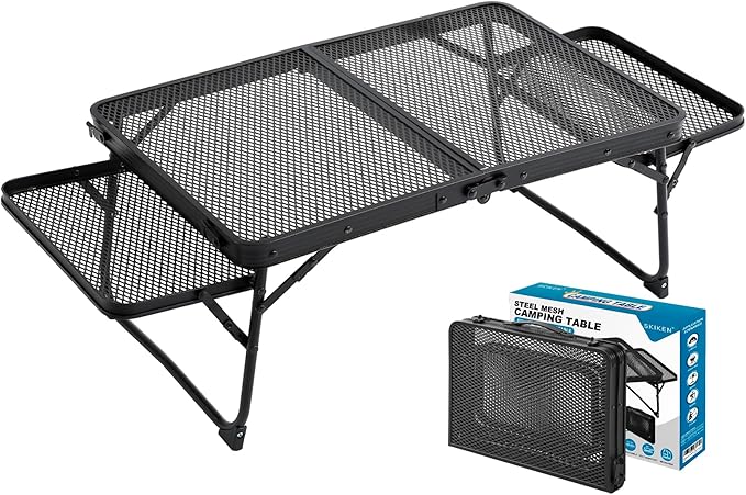 Small Low Camping Table with 2 Wing Panels Folding Low Picnic &amp Outdoor Table with 2 Shelves Lightweight &amp Easy Carry for Beach Fishing Sturdy Steel Mesh Top (3 FT Black)