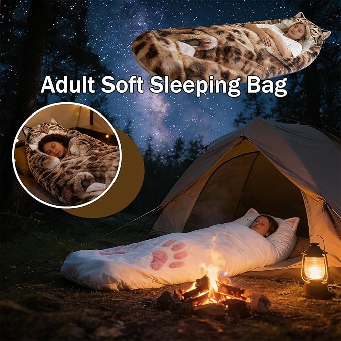 Fluffy Cat Sleeping Bag for Adults – Plush Soft Envelope Shaped Sleeping Bag for Humans Cozy Warm Nap Sack for Camping Home Travel Extra Large Cute Cat Design