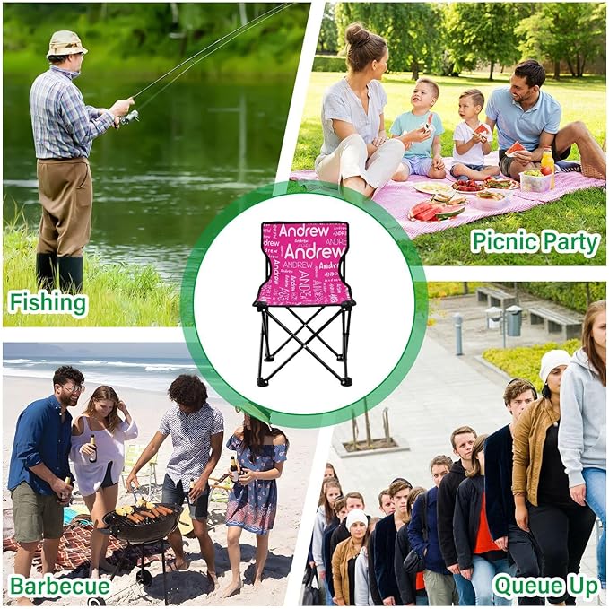 Sinestour Deep Pink Custom Folding Camping Chair for Teen Child Personalized Name 14.6×14.6in Portable Outdoor Chair with Carry Bag for Barbeques Picnic Travel