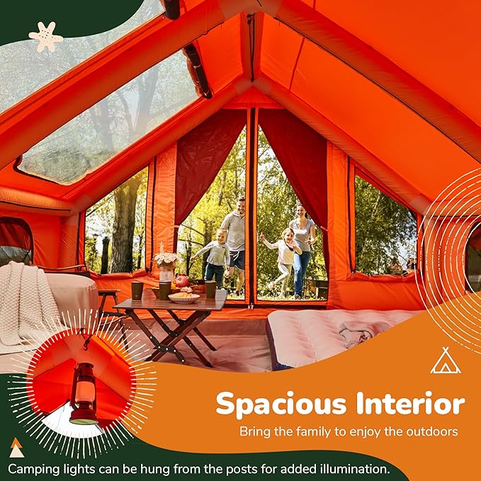 EROMMY 4/6/8/12 Person Inflatable Tent with Skylight 4 Season Blow Up Tents with Hand Pump for Outdoor Camping &amp Hiking Easy Set-up Windproof Sunproof Waterproof
