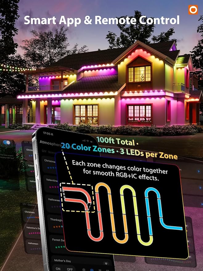 addlon 100FT Permanent Outdoor Lights Smart RGB+IC LED Lights for House &amp Outdoor Decor App &amp Remote Control DIY Scene Modes IP67 Waterproof for Christmas Holiday Party Halloween Decora