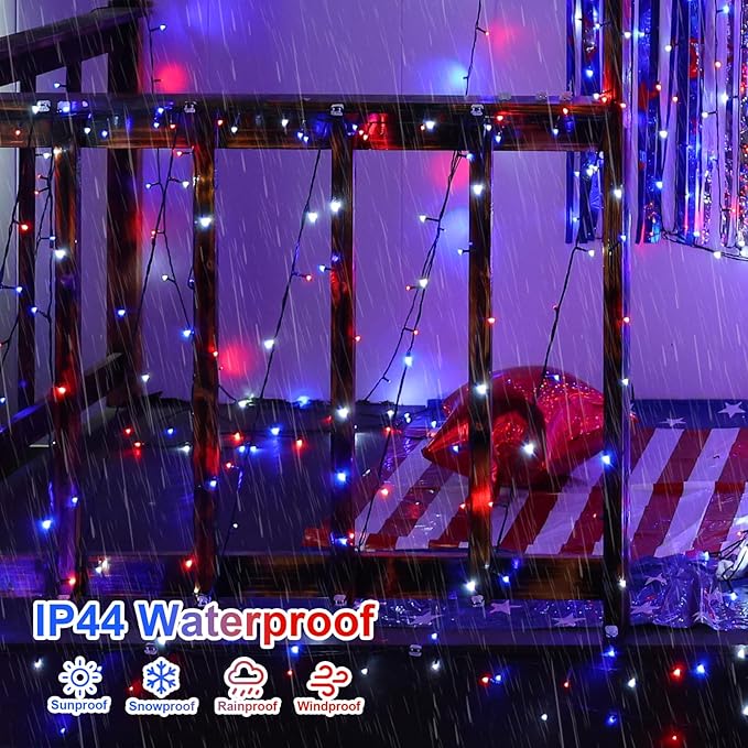 QITONG 500 LED Red White and Blue String Lights 165ft 4th of July Decorations Lights Plug in Outdoor Indoor 8 Modes Patriotic Light Green Wire for Independence Memorial Day Décor