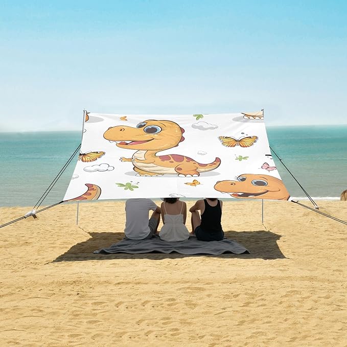 Cute Cartoon Dinosaur Butterfly Playing Camping Sun Shelter Beach Tent Portable Beach Sun Shade Outdoor Canopy for Camping Trips Fishing Picnic