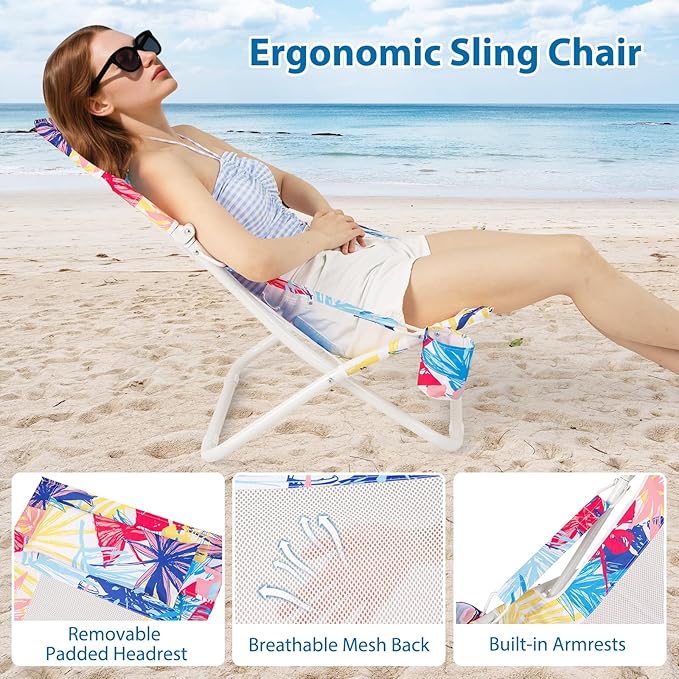 Giantex 2-Pack Folding Beach Chair Low Lawn Chairs with Padded Head Pillow Mesh Back Cup Holder and Armrests Portable Outdoor Lounge Chair for Camping Sunbathing Picnic Fishing
