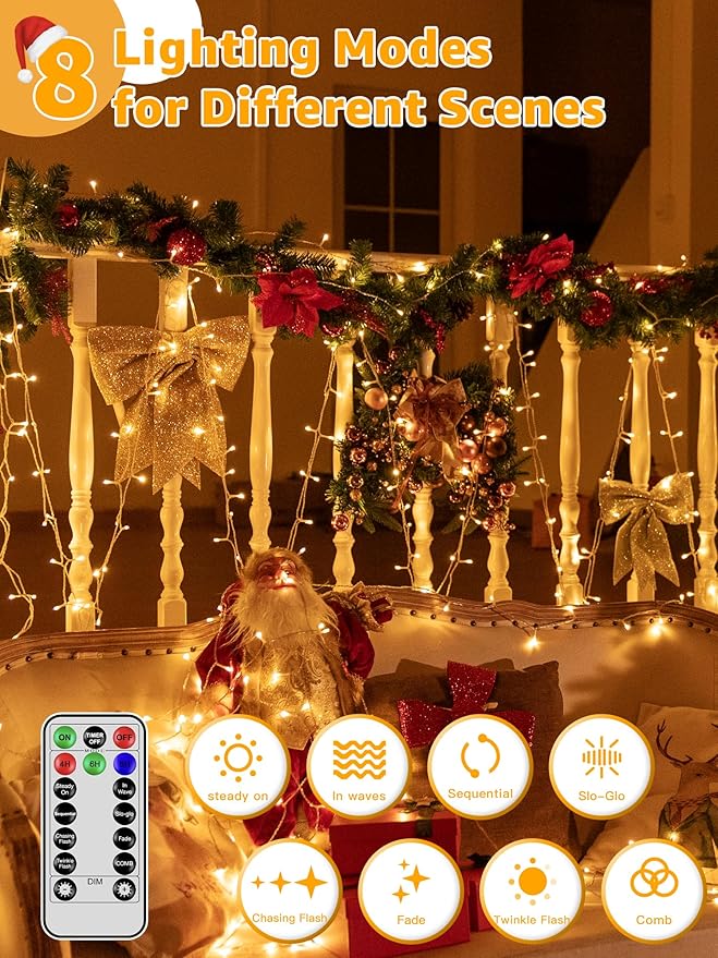 Christmas String Lights 1200LED 196FT 8 Modes Dimmable Fairy Lights with Remote and Timer Waterproof Christmas Lights for Festive Decoration Indoor Wedding Party Holiday (Warm White)