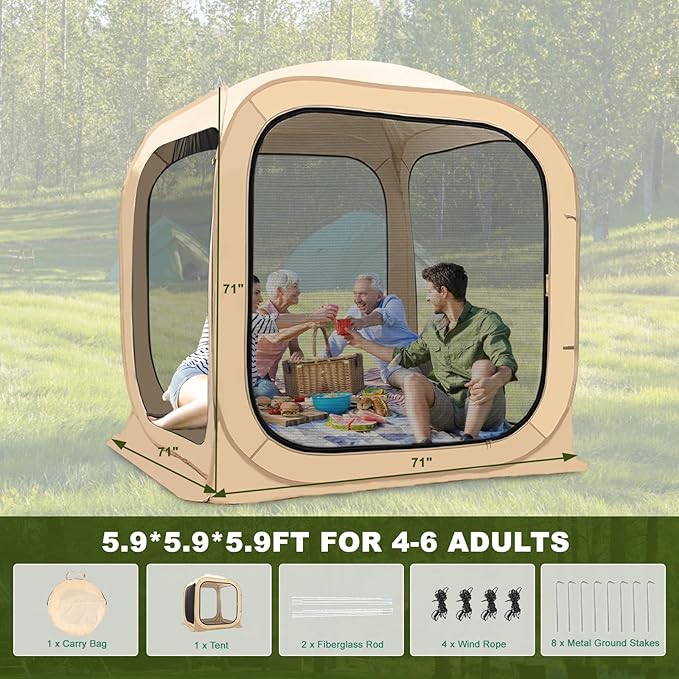 DoCred Screen House Tent Pop-Up 6 x 6 FT Portable Screen Room Canopy Instant Screen with Carry Bag for Patio Backyard Deck &amp Outdoor Activities Beige