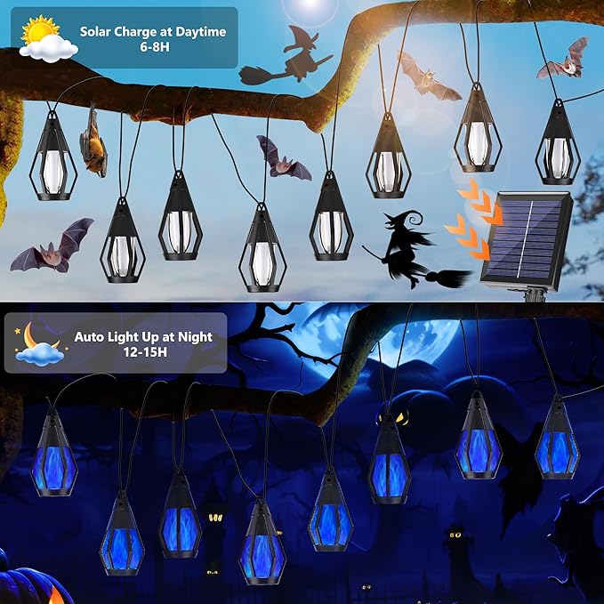 Solar String Lights for Outside 21Ft Solar Patio Lights with 10 Flickering Flame Light Bulbs Waterproof Blue Solar Powered Outdoor Lights for Garden Yard Patio Gazebo Bistro Cafe Porch Party Decor