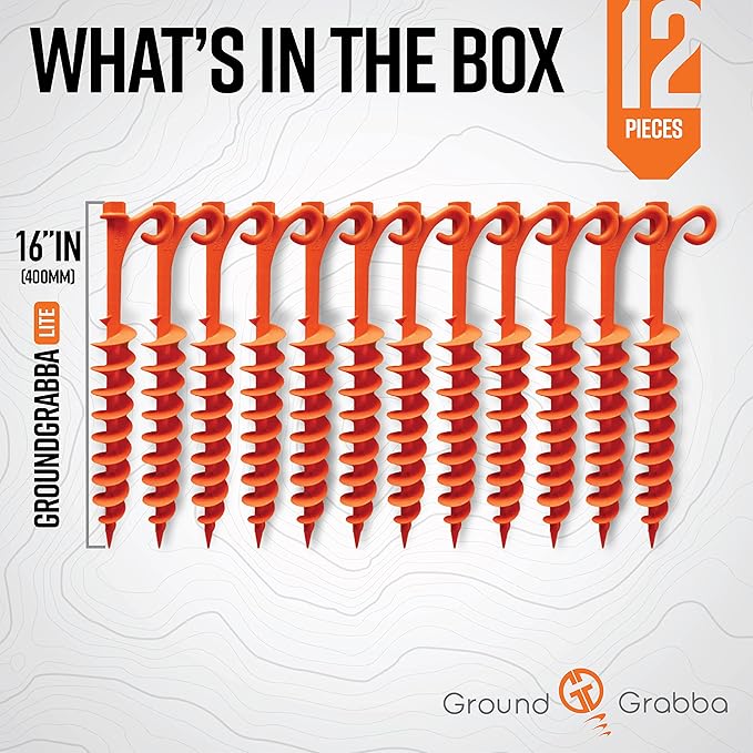 GROUNDGRABBA Lite - Orange - Tent Stakes - 12 Piece Tent Stakes for Sand | Tent Stakes | Screw in Earth Ground Anchors for Maximum Grip and Longevity in Soft Surfaces | 12x GroundGrabba Lite Orange