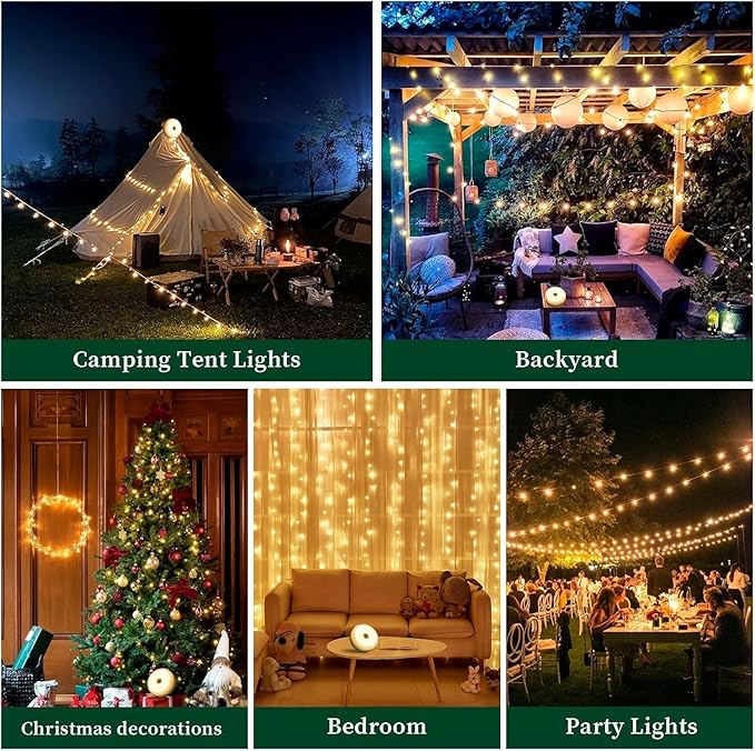 2PCS Camping String Lights 33ft 4 in 1 Rechargeable 100LED Outdoor Tent String Lights with 14 Lighting Modes Remote Control Waterproof with Timer Function for Camping Gear Essentials Hiking Garden