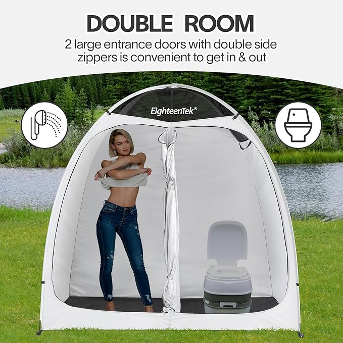 EighteenTek® Shower Tent Camping 2-Room Portable Changing Room Outdoor Shower Enclosure Pop Up Privacy Tent Shelter with Floor &amp Doors Waterproof &amp Lightweight Camping Toilet Bathroom