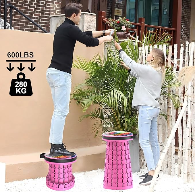 ALEVMOOM Upgraded Telescoping Collapsible Stool with Cushion Folding Stool with Printing Portable Retractable Foldable Seat Max Load 600lbs for Adults Camping Fishing Outdoor