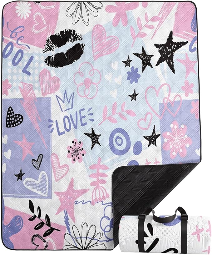 Outdoor Picnic BlanketPortable Sandproof Waterproof Picnic MatPink Purple Graffiti Printed Camping Beach Mat for Sand and Wet Grass Hiking (Pink Purple Graffiti S)