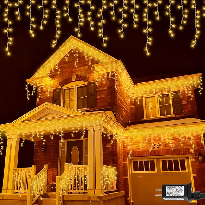 QITONG Warm White Icicle Lights for Outside 66ft 800 LED String Lights Indoor with 8 Modes Clear Wire Connectable Icicle Christmas Light Plug in