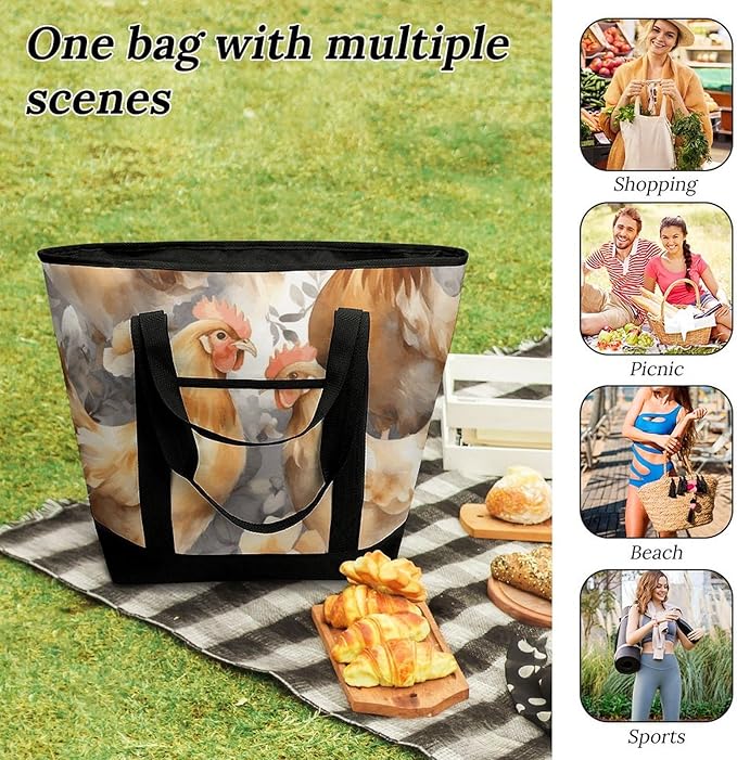 Insulated Shopping BagLarge Reusable Cooler Bags Chicken Duck Printed Foldable Shopping BagTravel Waterproof Shoulder Bag