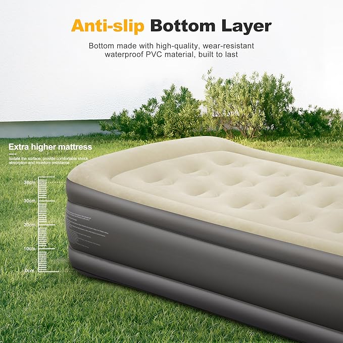 LET'S CAMP Air Mattress Camping Airbed with Electric Pump 19 Twin Inflatable 2 Minutes Quick Self-Inflation Waterproof PVC Fabric Portable for CampingTravel Home Sleeping Outdoor Guests RV