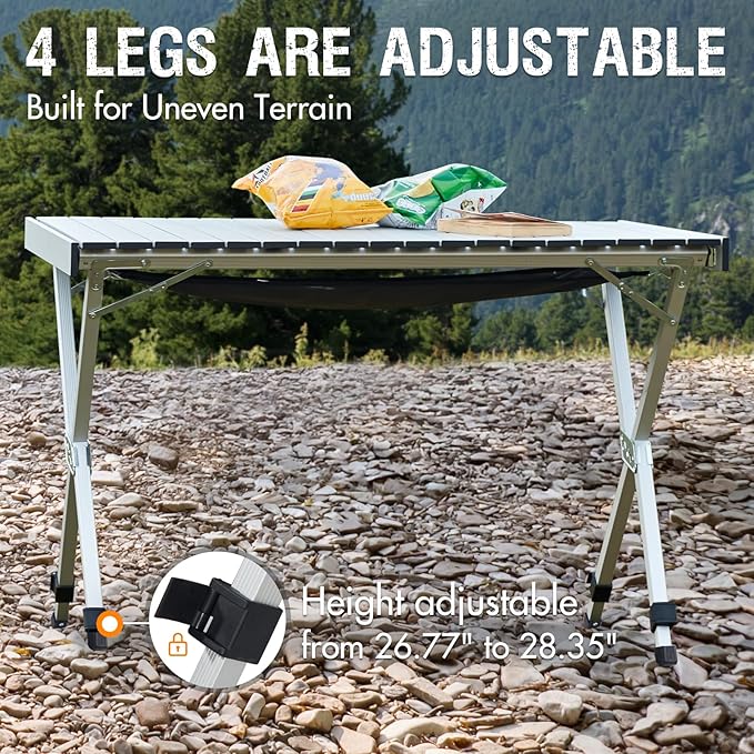PORTAL Folding Outdoor Camping Table with Adjustable Height Aluminum Roll-Up Top and Carry Bag Big Large Portable Tables for Picnic BBQ and Tailgating Silver