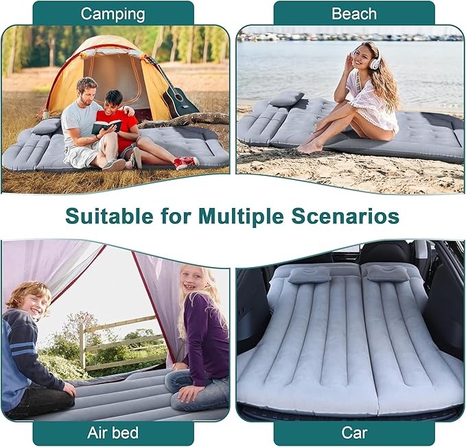 Car Air Mattress Inflatable Bed Compatible with Tesla Model Y Thickened Flocking Camping Air Bed with Air Pump 2 Pillows 2 Piers Car Sleeping Pad for Tent Outdoor and Travel