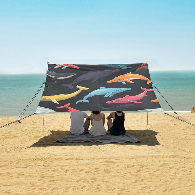 ALAZA Colorful Whale Beach Tent Sun Shelter UPF50+ Protection Beach Shade Canopy w/ 4 Sandbags for Outdoor Camping Fishing Backyard Fun Picnic 10x9 ft