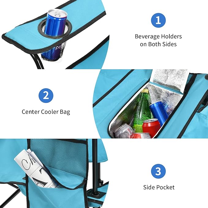 Goplus Double Camping Chair with Umbrella Folding Loveseat Chairs w/Canopy Shade Carrying Bag Table Cup Holder Portable Beach Chairs Outdoor Picnic Patio (Turquoise)
