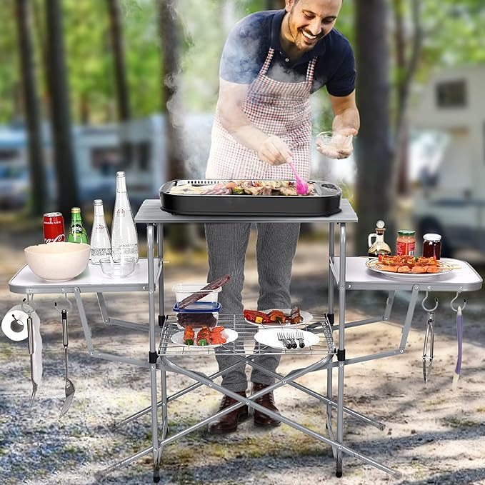 Tangkula Folding Grill Table Aluminum Camping Kitchen Table with Cook Station Hooks Portable Camp Cook Table with Storage Organizer Shelves Carrying Bag Ideal for Picnic BBQ Party Outdoor