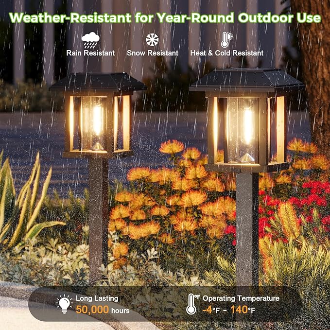 XMCOSY+ 4-Pack Solar Pathway Lights Outdoor 25 Lumens Vintage Edison LED Landscape Lighting IP65 Waterproof Seeded Glass &amp Metal Stakes Solar Powered Garden Lights for Yard Patio Walkway Drivewa