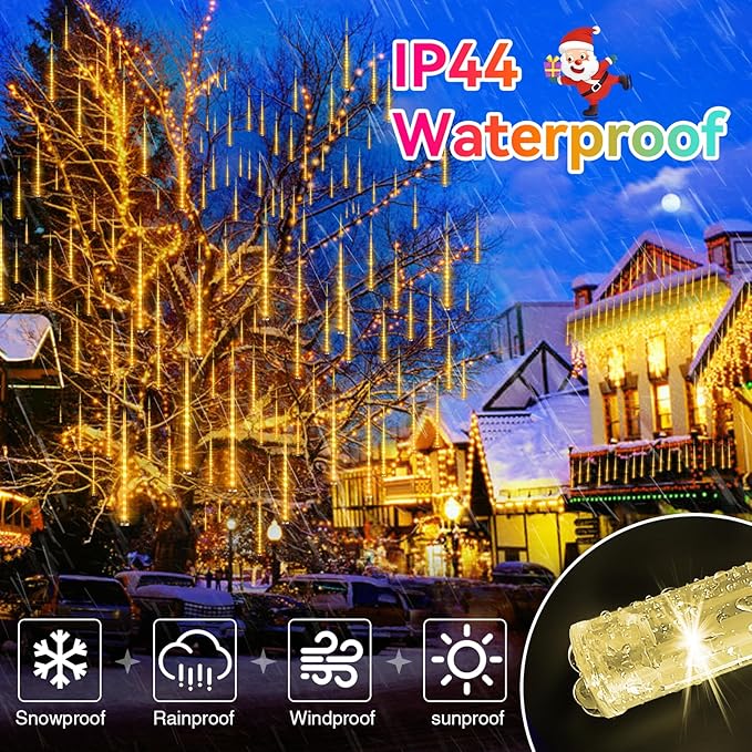KNONEW Christmas Lights Outdoor 15 inch 24 Tubes 672 LED Meteor Shower Lights Plug in Waterproof Falling Rain Light for Xmas Tree Wedding Party Garden Holiday Rooftop Decorations (Warm White)