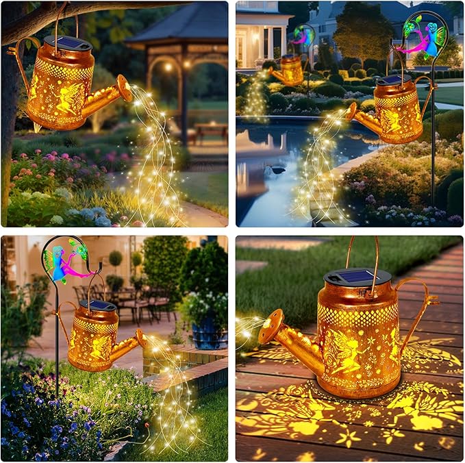 ANGMLN Fariy Solar Lights Outdoor Waterproof Solar Watering Can Lights with Shepherd Hook Metal Angel Hanging Lantern Garden Decor Yard Outside Patio Lawn Gifts for Mom Grandma Women Birthday