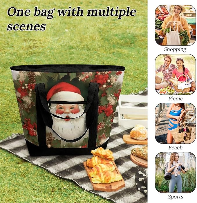 Insulated Shopping BagLarge Reusable Cooler Bags Christmas Holiday Santa Claus Wreath Printed Foldable Shopping BagTravel Waterproof Shoulder Bag