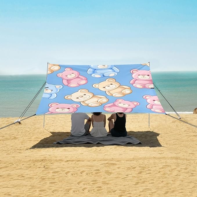 Seamless Teddy Bear Camping Sun Shelter Beach Tent Portable Beach Sun Shade Outdoor Canopy for Camping Trips Fishing Picnic