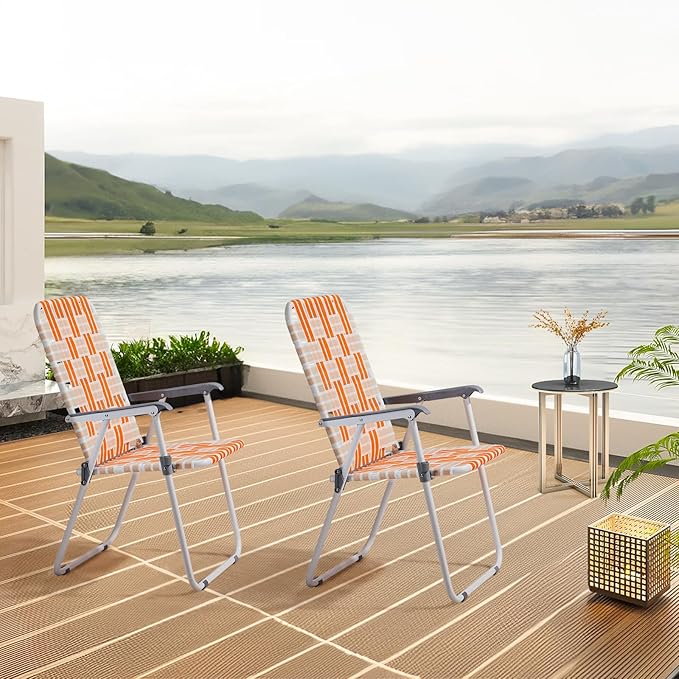 Outvita Webbed Lawn Chairs Set of 2 Foldable Metal Patio Chairs Stable Steel Outdoor Chair for Camping Fishing Beach Poolside Backyard and BBQ