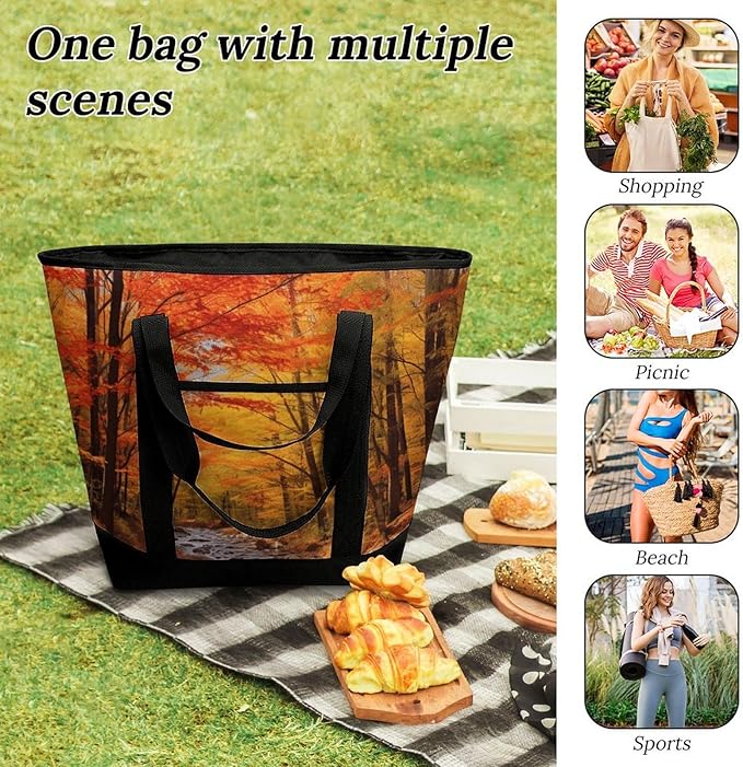 Insulated Shopping BagLarge Reusable Cooler Bags Fall Foliage Printed Foldable Shopping BagTravel Waterproof Shoulder Bag